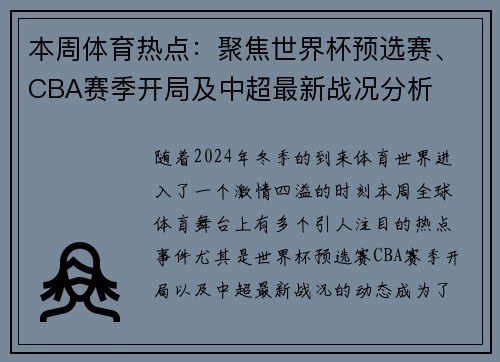 本周体育热点：聚焦世界杯预选赛、CBA赛季开局及中超最新战况分析